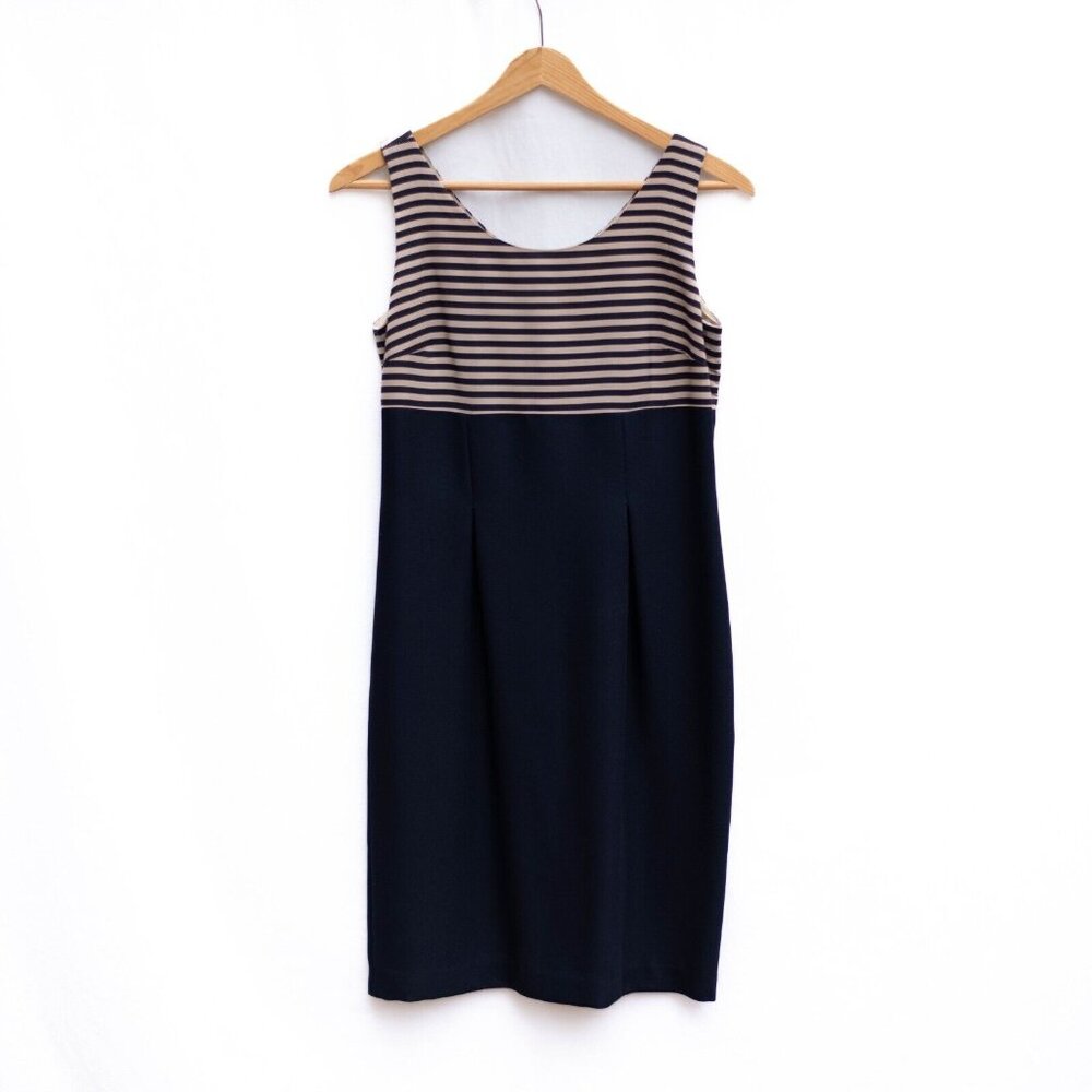 VTG Petite Sophisticate Shift Dress S Blue & Tan Striped Sleeveless Back Zip USA